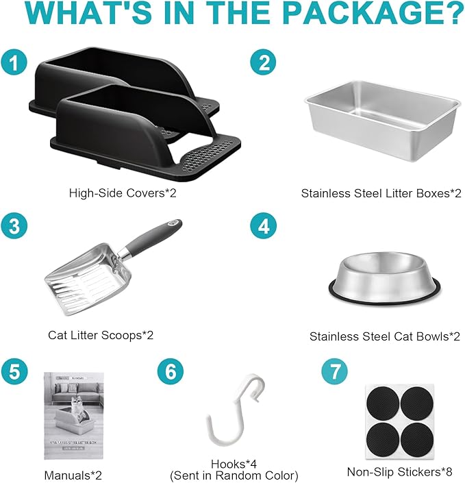 2 Pack Stainless Steel Litter Box with Lid, 24'' x 16'' x 12'' Extra Large Litter Boxes for Big Cats, XL Metal Cat Litter Box with High Sided, Enclosed Cat Litter Boxes with Litter Scoop