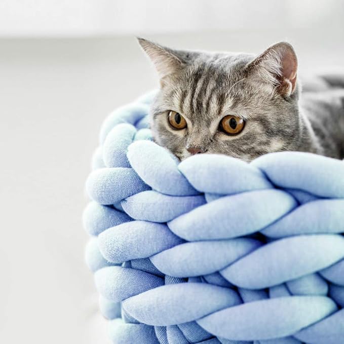 Lucky Monet Cat Basket Bed Cotton Knitted Round Pet Beds for Cats Cute Boho Cat Pet Bed Warm Woven Cat Nest for Puppy Kitten Cats Dogs (15.7", Blue)