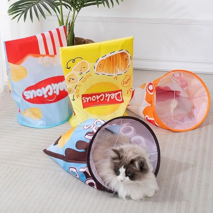 Creative Potato Chip Bag Folding Ring Paper Cat Tunnel Cat Toy Self High Fun Hide and Seek Rolling Dragon Channel Cat Drill Bag with Hanging Toy Pet Supplies (Blue)