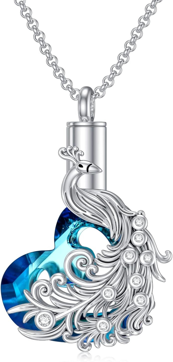 Animal Crystal Urn Necklace For Ashes Sterling Silver Butterfly Dragonfly Bee Phoenix Peacock Hummingbird Fox Angel Wing Pentagram Pentacle Cremation Necklace Heart Teardrop Urn Holder Necklaces For Women Memorial Jewelry