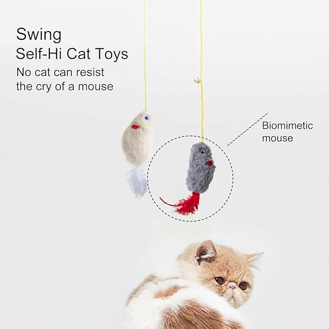 Grey and Red Interactive Cat Toy, Hanging Self-Play Little Mouse Shaped Toys Cat Toy, Built-in Sound, Relieve Boredom, Hanging Squeak Mouse Stretchy Feather Plush Cat Toy Grey