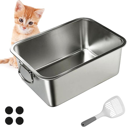 BNOSDM Stainless Steel Litter Box Small with Handles (16" x 12" x 6") Metal Cat Litter Pan High Sided Cat Toilet with Litter Sifting Scoop for Rabbits Kittens