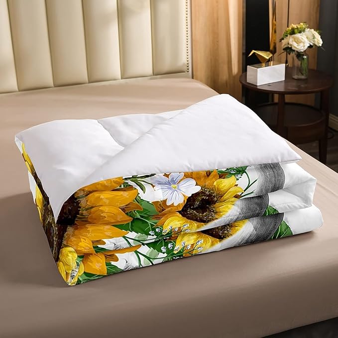Highland Cow Comforter Set King Sunflowers Art Down Comforter Rustic Bull Cattle Bedding Set for Kids Boys Girls Adult Farmhouse Western Funny Animal Wild Theme Duvet Set Grey Marble Comforter