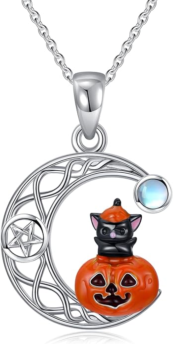Black Cat/Dragon/Fox/Wolf Necklace 925 Sterling Silver Celtic Moon Pentagram Pendant Gothic Jewelry Goth Halloween Gifts for Women