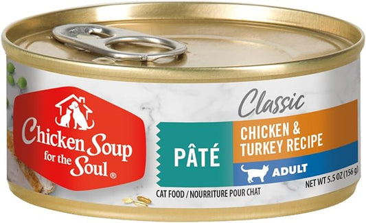 Chicken Soup For The Soul Classic Wet Adult Cat Food, Chicken & Turkey Pate, 5.5 Ounce Can (Pack of 24) | Soy Free, Corn Free, Wheat Free, Canned Cat Food Made with Real Ingredients