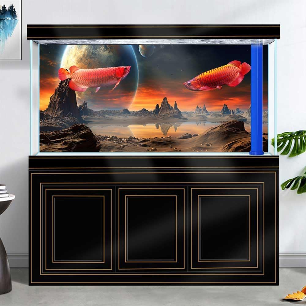 24X16IN Cosmic Aquarium Background, Cool Parallel Space Themed Fish Tank Background, Tropical Desert Terrarium Background with 8 EVA Double-Sided Tape