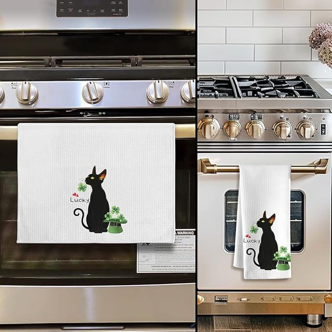 Black Cat Gifts,Shamrock St. Patrick's Day Cat Dish Towels,Cat Kitchen Towels,Cat Hand Towel,Cat Mom Gifts,Gifts for Cat Lovers for Women,Cat Lady Gifts,Crazy Cat Lady Gifts,Black Cat Gifts for Women