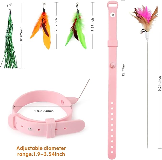 Cat Feather Collar Toy, Interactive Cat Toys for Indoor Cats Self Play Funny Teaser Wand Neck 3-in-1 Cat Collar Toy Feathers with Bell & 3 Refills Hands Free for Cats Play Pink