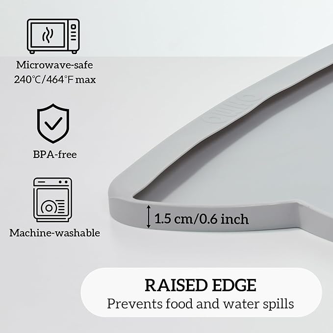 OHMO Dog Food Mat(Ash, 24 * 15'') w/Residue Collection Pocket Silicone Pet Feeding Mat for Floor High Edges Anti Spills Waterproof Cat Water Bowl Tray, Easy Clean Placemat