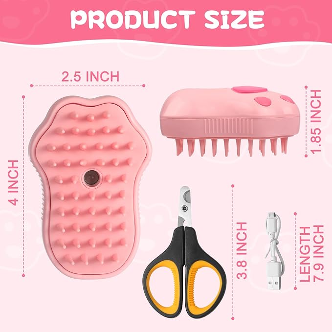 2Pcs Steamy Cat Brush - 3 in1 Cat Steamy Brush,Silicone Massage Grooming Brush with Water,Pet Hair Cleaner Brush Comb for Cats Dogs(Pink)