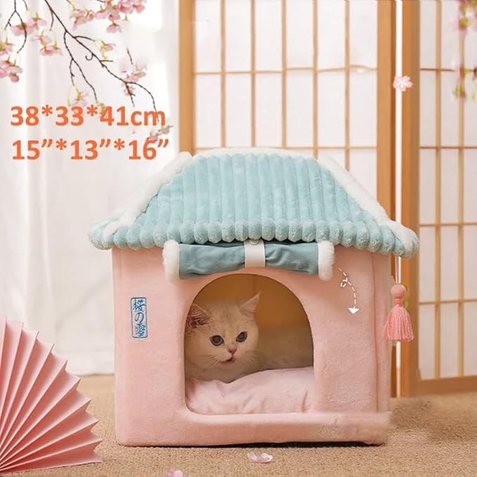 Cute Cat House,Pink Cat House with Rolled Door Curtain,Closed Cat Cave/Dog House, Washable Cat Bed,Cozy Dog Tent (Pink House)