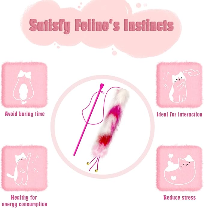 4 Pack Cat Wand Toy, Rainbow Cat Feather Toys with Bells, Cat Teaser Wand with Soft Furry Tail, Interactive Cat Toys for Indoor Cats & Kitten & Kitty