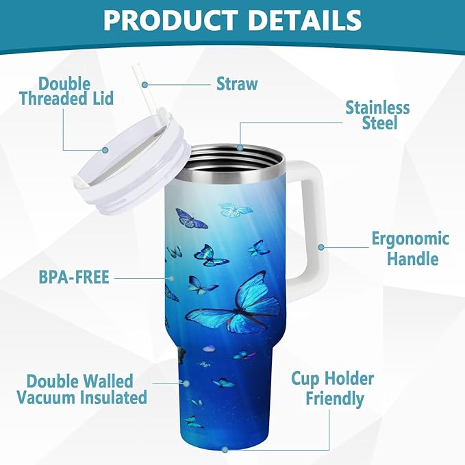 Boccsty Butterflies Blue Animal Insulated Tumblers Reusable Stainless Steel Tumbler 40 oz Cup Coffee Travel Mug Water Bottle with Handle & Flip Straw for Home Office Car