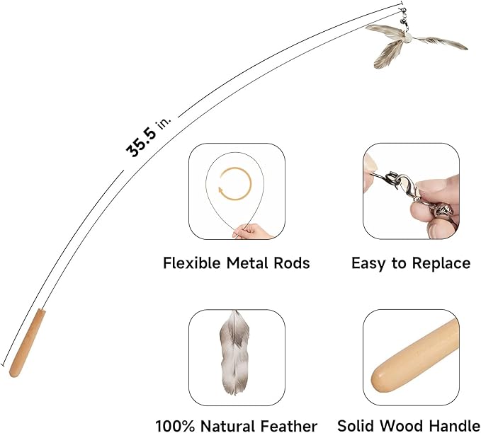 FUKUMARU Cat Wand Toy, 35.5 Inch Cat Feather Propeller Toy with Bell, Steel Wire Cat Toy for Indoor Cats with Natural Feather