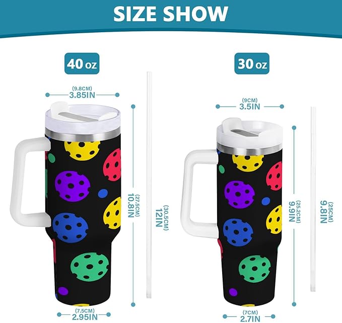 Boccsty Rainbow Pickleball Balls Insulated Tumblers Reusable Stainless Steel Tumbler 40 oz Cup Coffee Travel Mug Water Bottle with Handle & Flip Straw for Home Office Car