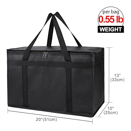 Bodaon 2-Pack Insulated Food Delivery Bag, XX-Large Reusable Grocery Shopping Bag, Frozen Food Cold, Cooler Bags with Zippered Top, Black