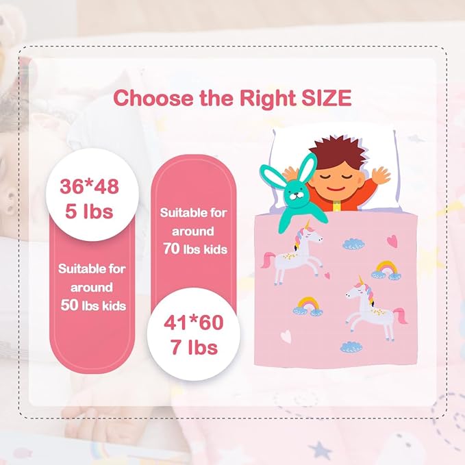 Sivio Weighted Blanket - 100% Cotton Weighted Blanket 7 lbs 41 x 60 inches, Washable Breathable Soft Heavy Blanket for Home and School Nap, Pink Unicorn