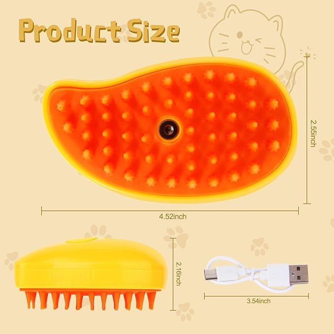 3 in 1 Steam Brush for Indoor Pets - Cat Hair Cleaning and Massage Brush Comb for Cats and Dogs (Yellow)