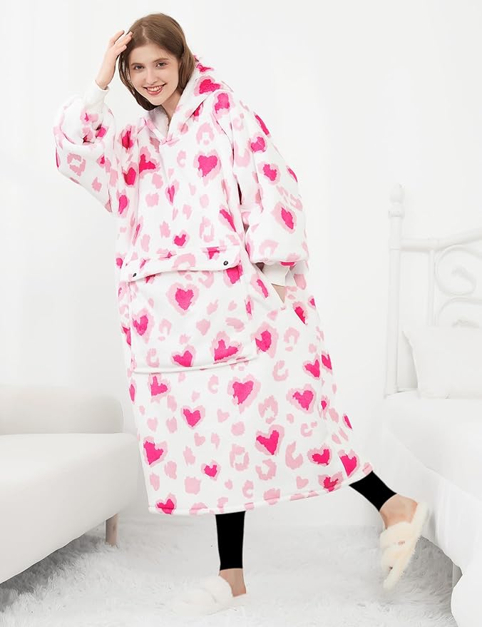 KFUBUO Wearable Blanket Hoodie for Adult Long Sherpa All Patterns Heart Oversized Hoodie Sweatshirt Blanket with Pockets Valentine Gifts for Her