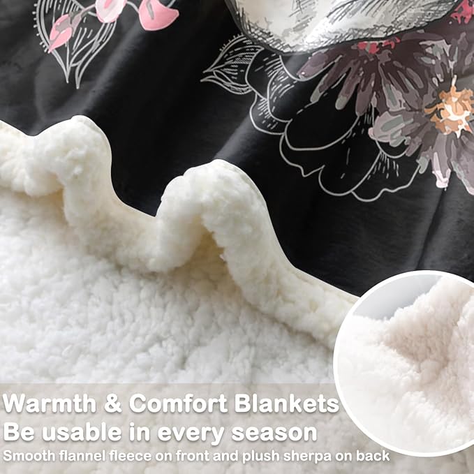 Sleepwish Fleece Throw Blanket Skull Rose Sherpa Blanket Gift for Women Girl Fuzzy Black Pink Flower Blanket for Couch Chair, Baby (30" x 40")