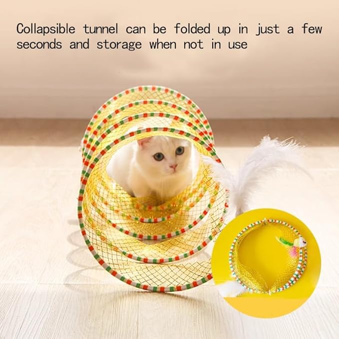 Cat Tunnels for Indoor Cats, Folded Upgrade Large Collapsible Cat Tube Tunnel with Feather Mouse Toys, Cat Tent Play Tunnel with Interactive Toy for Kitten and Cats, Exercise Cat Toys(Yellow)