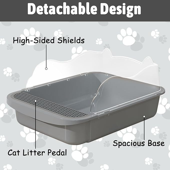 BNOSDM Cat Litter Box with Non-Slip Mat Sifting Litter Box Detachable High Sides, Open Top Litter Pan Pet Toilet with Scoop for Cats, Grey