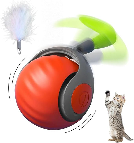 Interactive Cat Ball Toy with Feather, Speedy Tail 2.0 cat Toys, Smart Cat Toys Ball for Indoor Cats, Motion Activated Automatic Cat Toy Ball, USB Rechargeable Cat Toys, Orange