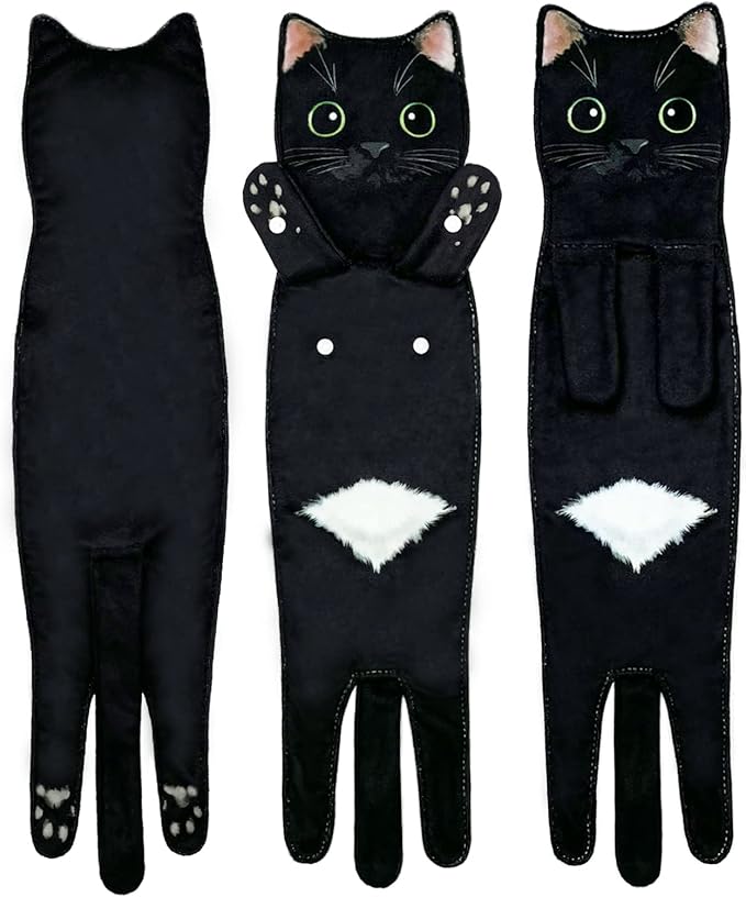Hand Towels for Bathroom Kitchen,Cute Cat Quick-Dry Hanging Hand Towels Decorative for Bathroom Face Towels,Funny Gifts for Cat Lovers (Black)