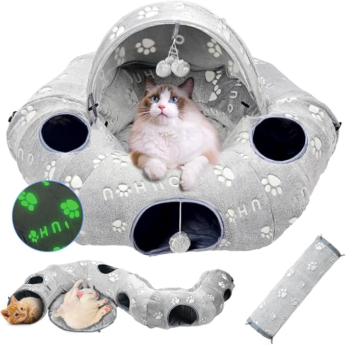 Cat Tunnel Bed, Cat Tunnels for Indoor Cats, Cat Donut Tunnel Toy with Washable Circle Cushion, Straight Shaped Tunnel, 4 Fluffy Balls, Blackout Tent, Self-Luminous Cat Toys（Grey）