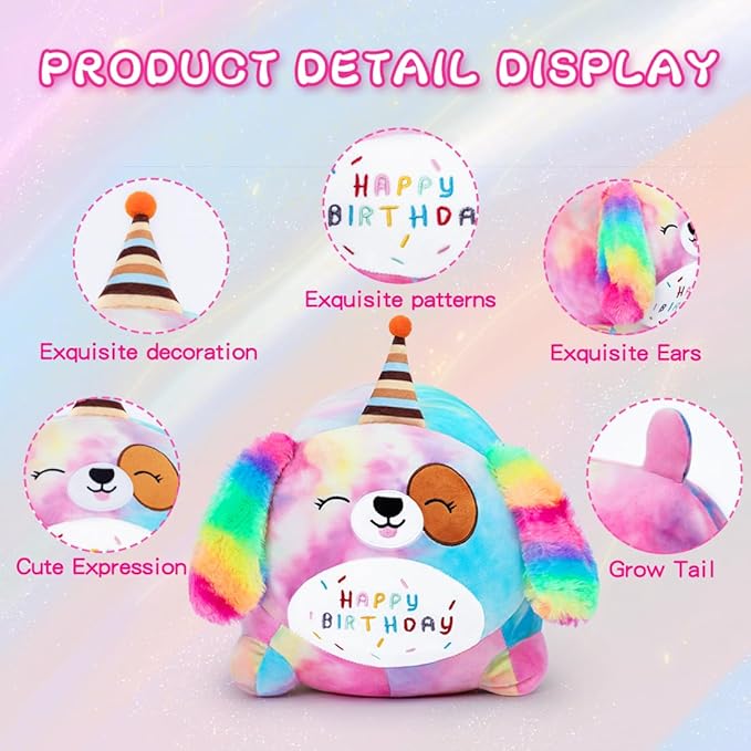 Happy Birthday Dog Plush Toy, Cute Birthday Colorful Puppy Stuffed Animal, Dog Plush Pillow for Girls Kids(Dog, 25cm/9.8inch)