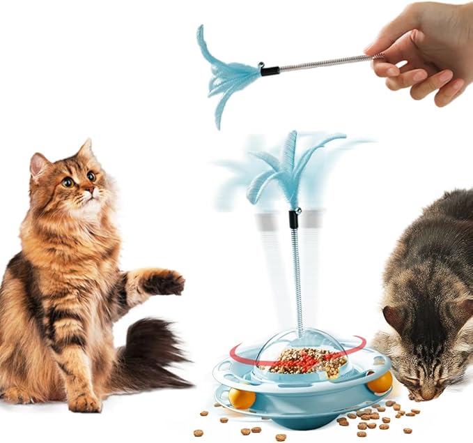 2 in 1 Cat Interactive Toy Roller 3-Level Turntable Cat Toy Cat Slow Feeder Food Dispenser Cat Kitten Wand (Blue-B)