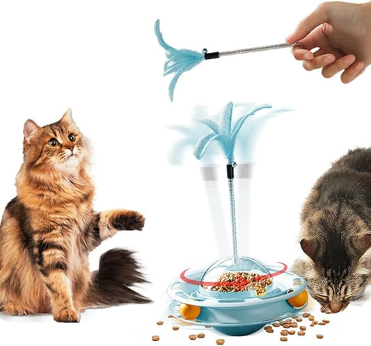 2 in 1 Cat Interactive Toy Roller 3-Level Turntable Cat Toy Cat Slow Feeder Food Dispenser Cat Kitten Wand (Blue-B)