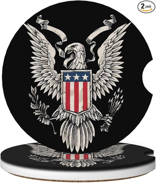 Absorbent Ceramic Car Coasters for Cup Holders, Bald Eagle Design 2.56" Anti Slip Universal Drink Cup Coasters for Women Men (2 Pack)