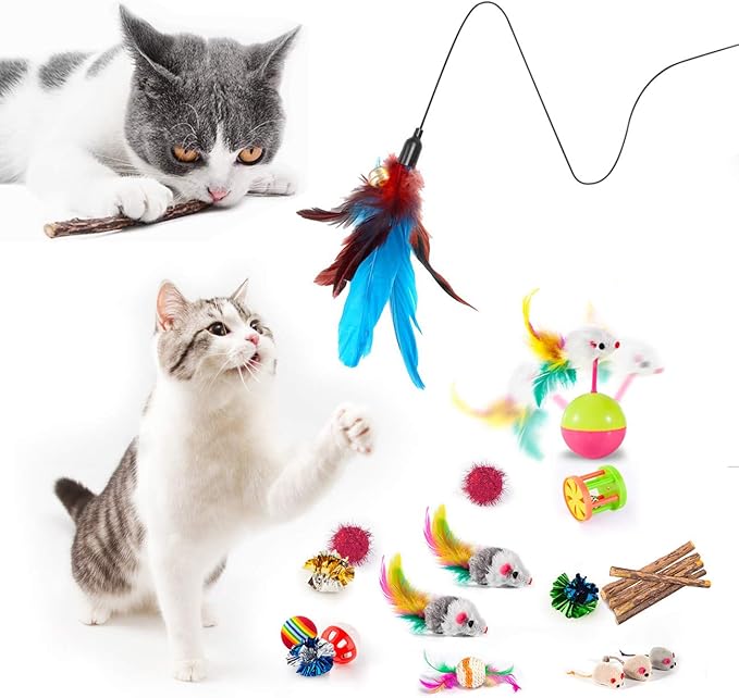 MIBOTE 28Pcs Cat Toys Kitten Toys Assorted, Cat Tunnel Catnip Fish Feather Teaser Wand Fish Fluffy Mouse Mice Balls and Bells Toys for Indoor Cat Puppy Kitty Interactive Cat Toy Set