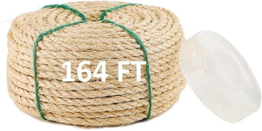 MEEXPAWS Natural Strong Sisal Rope Replacement for Cat Scratching Posts | Adhesive Tapes for Winding Easy & Tight | 1/4 “ Diameter | Brown | 164FT