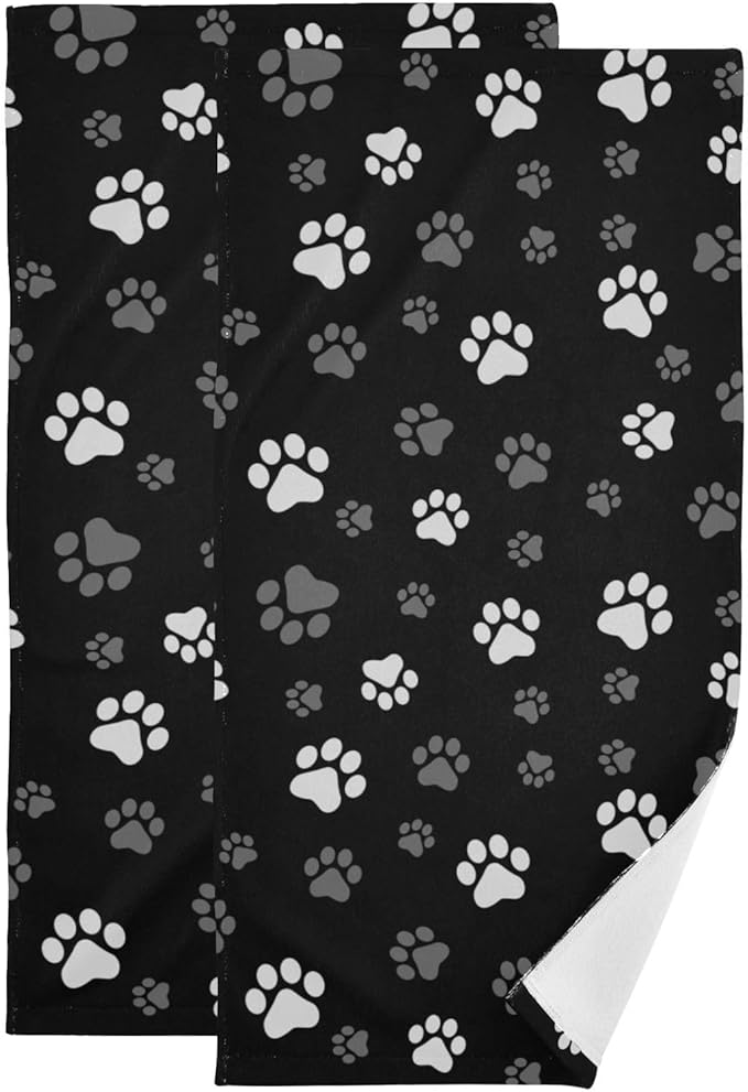 2 Pack Black White Grey Hand Towels for Bathroom,Soft Absorbent Dog Cat Paw Gray Towels for Kitchen,Cute Animal Pet Footprint Decorative Guest Bathroom Towels for Bath,Face,Shower,Gym 14"x28"
