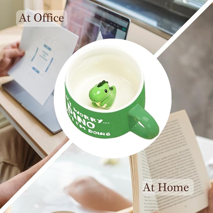 BigNoseDeer Cute Dinosaur Mug Ceramic Coffee Mug with 3D Cartoon Dino Inside,Funny Mugs with lid Spoon,White Elephant Gifts for Adults,Gag Gifts for Women Animal Gift Cute Stuff Cool Stuff