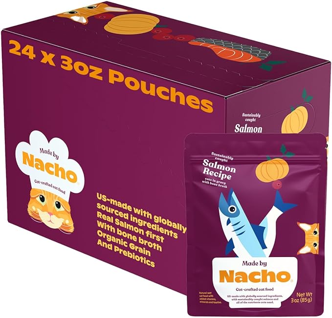 Made by Nacho Wet Cat Food, Cuts in Gravy, Sustainably-Caught Salmon with Bone Broth for Extra Hydration, (24) 3 oz. Pouches, Limited Ingredients