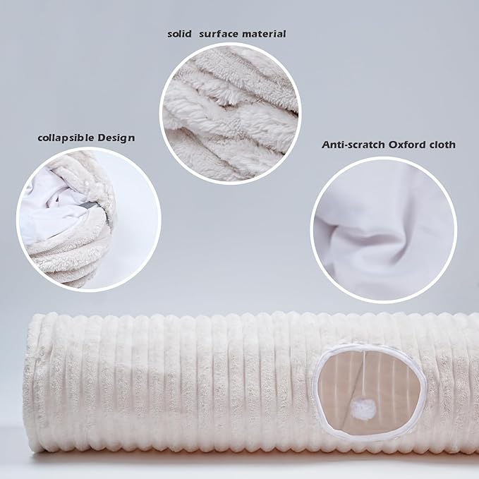 Luxurious Cat Tunnel,43" Straight Cat Tunnel Bed with Balls,Cat Toys for Indoor Cats,Collapsible Peekaboo Cat Cave for Kitten Toys（White Stripe）