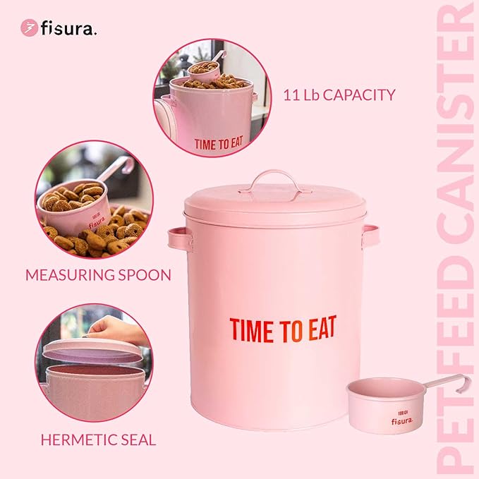 Fisura – Pink time to eat Pet Food Container. Pet Feed Container with Lid and Measuring Scoop. Metal Food Container for Dogs and Cats. 5 kg Capacity