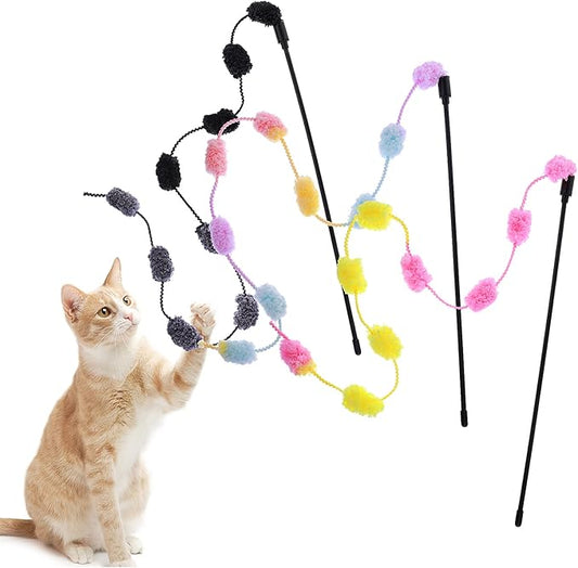 cobee Cat String Toys, 3 Pack Interactive Cat Teaser Wand String Toys Colorful Ribbon with Furry Plush Balls for Kittens Stick Cat Toys for Indoor, Cats to Play Chase Exercise