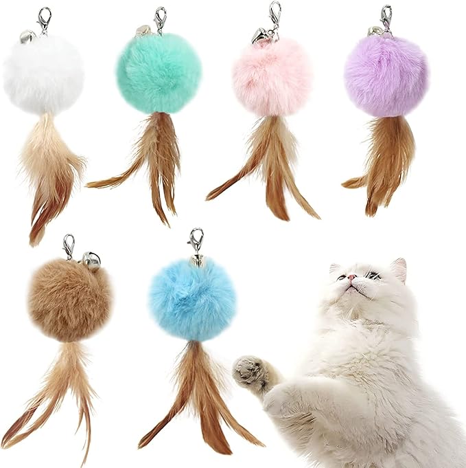 Cat Fluffy Feather Toys Replacement Cat Toy Wand Refills, 6 Pieces Fluffy Cat Toy Feathers Refill, Interactive Cat Teaser Wand Attachments, with Bell