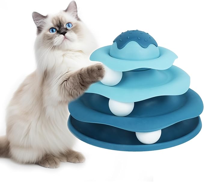 Cat Ball Track Toy,Interactive Cat Toy,Engaging Fun for Indoor Cats, Multi-Layer Design, Ice Cream Structure,Detachable and Easy to Clean (Blue)