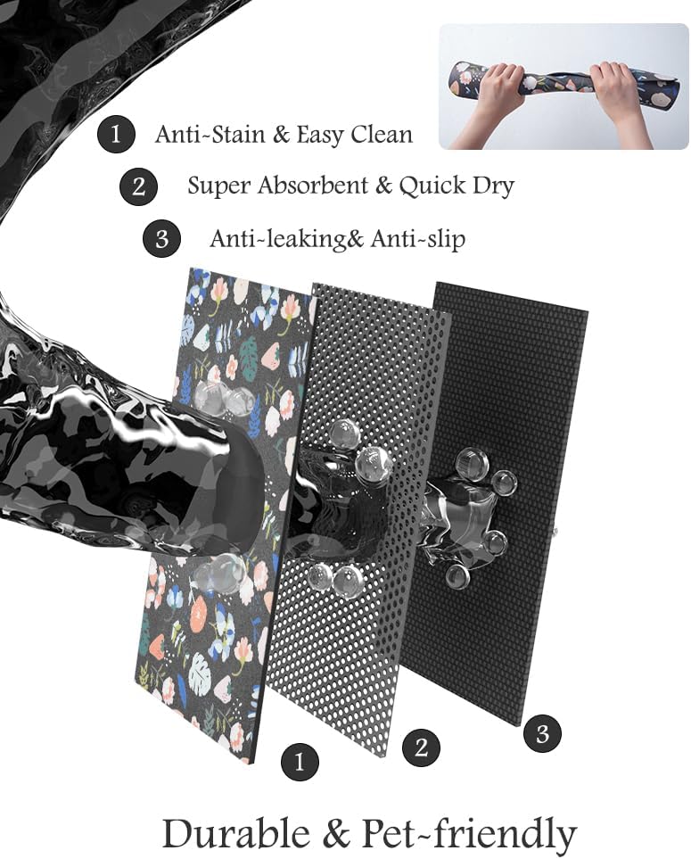 Pet Feeding Mat-Absorbent Dog Mat for Food and Water Bowl-No Stains Quick Dry Water Dispenser Mat-Dog Accessories Pet Supplies-Bowl for Messy Drinkers（DARKFLOWERS,16"x24"