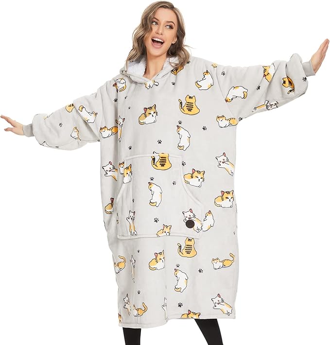 THREE POODLE Wearable Blanket Hoodie, Oversized Long Sherpa Sweatshirt Blanket for Adults Women Men, Warm Cozy Cat Hooded Blanket, Gifts for Mom Girlfriend