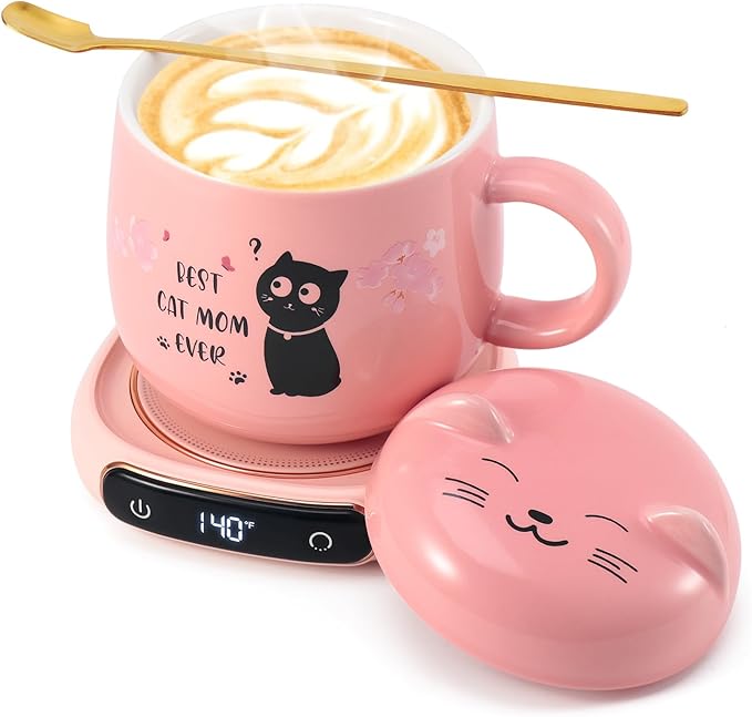 Bsigo Coffee Mug Warmer & Best CAT MOM Ever Mug Set, Electric Candle Mug Warmer 8H Auto Shut Off, Home & Office Beverage Cup Coffee Warmer for Desk, Cat Lover Mom Sister Birthday Women Mothers Day