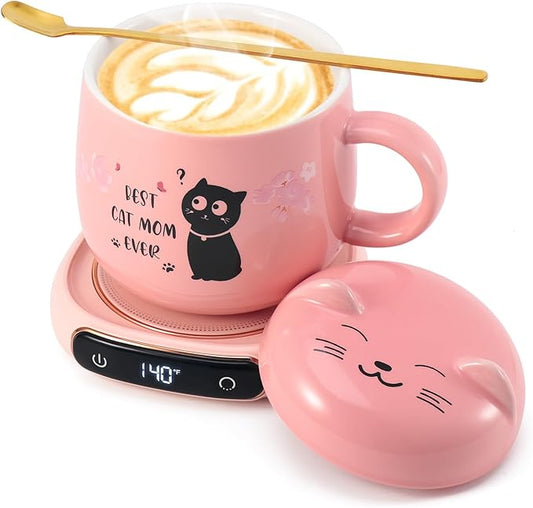 Bsigo Coffee Mug Warmer & Best CAT MOM Ever Mug Set, Electric Candle Mug Warmer 8H Auto Shut Off, Home & Office Beverage Cup Coffee Warmer for Desk, Cat Lover Mom Sister Birthday Women Mothers Day