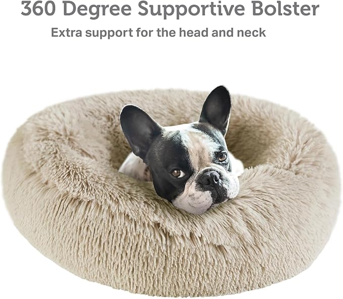 Friends Forever Luna Donut Cat Bed Cave, Soft Faux Fur Hooded Blanket Dog Couch For Indoor Pet, Fluffy Calming Plush Shag, Cozy Round Cushion, Machine Washable Cuddler, Self Warming, Tan, Small (23"x23"x6")