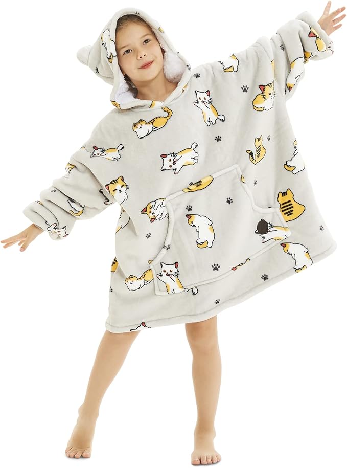 THREE POODLE Wearable Blanket Hoodie for Kids, Oversized Sherpa Sweatshirt Blanket with Giant Hood, Warm Cozy Cat Hooded Blanket, Cute Gifts for Kids Girls Boys