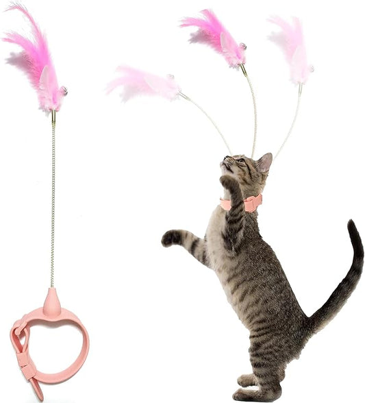 Cat Collar Funny Cat Stick,Interactive Cat Feather Toys with Bell,Pink Spring Cat Teaser Stick Toy, Used for Cat Indoor Play, Suitable for Old Kittens and Kittens to Exercise